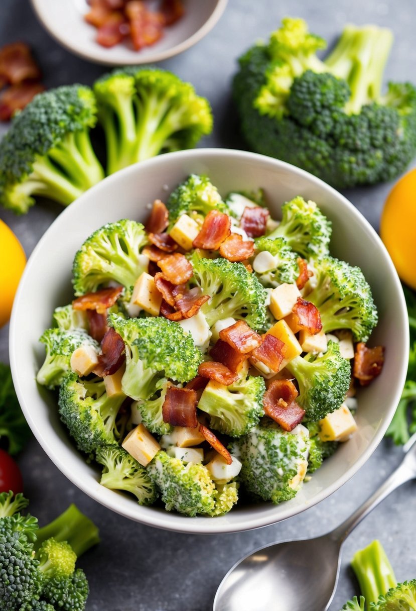 A bowl of broccoli salad with crispy bacon bits, tossed in a tangy dressing, surrounded by fresh broccoli florets and colorful ingredients