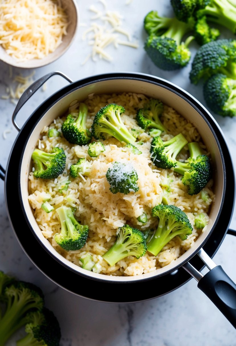 A pot of creamy broccoli rice bubbling on the stove, surrounded by fresh broccoli florets and a sprinkle of grated cheese