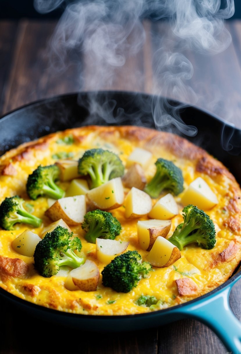 A sizzling frittata in a skillet, filled with chunks of broccoli and potato, surrounded by steam rising from the golden-brown surface