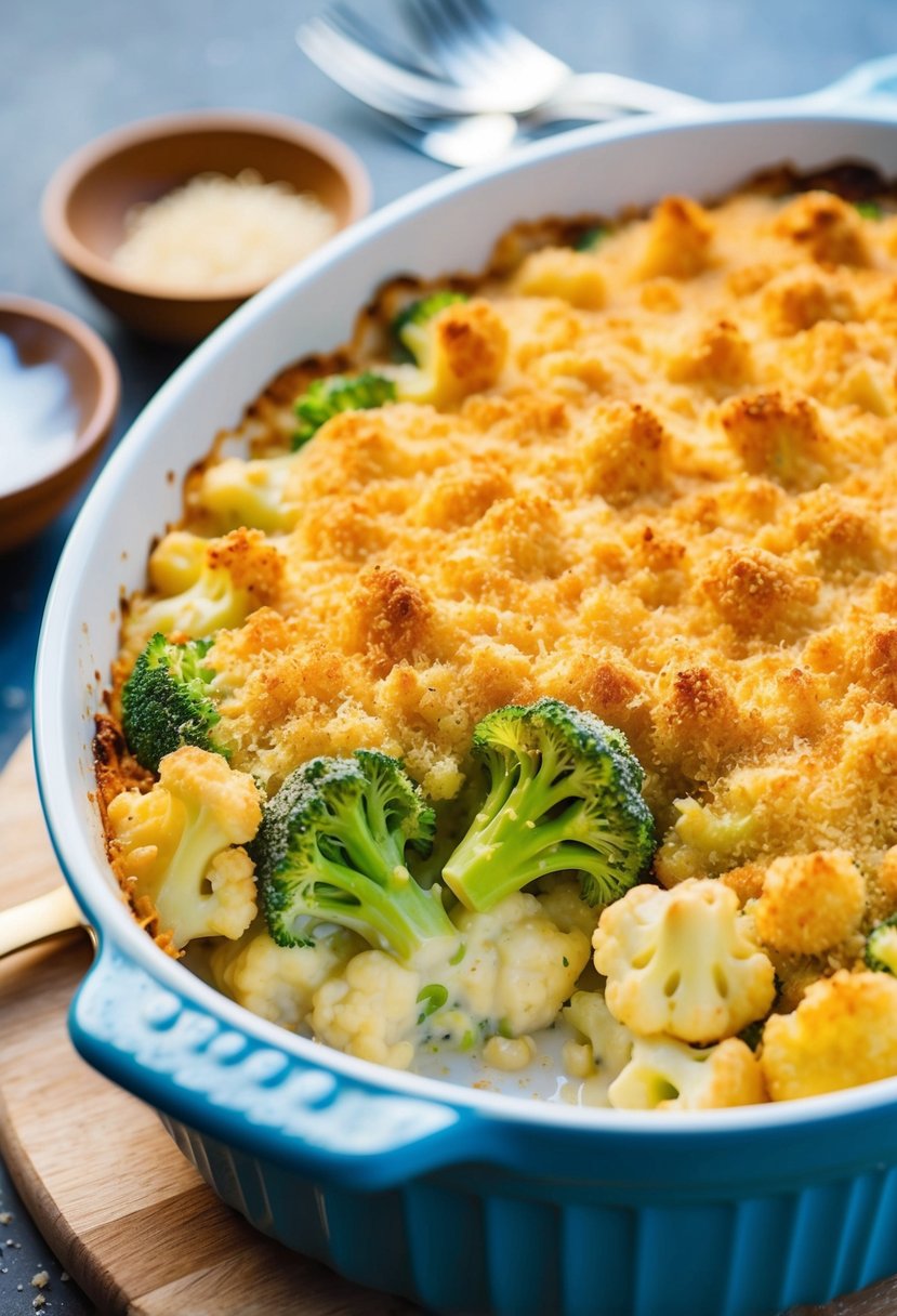 A bubbling casserole dish filled with creamy broccoli and cauliflower gratin, topped with golden brown breadcrumbs