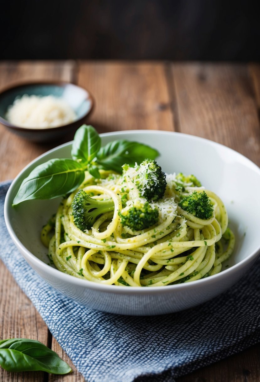 A bowl of broccoli pesto pasta sits on a wooden table, garnished with fresh basil leaves and a sprinkle of parmesan cheese