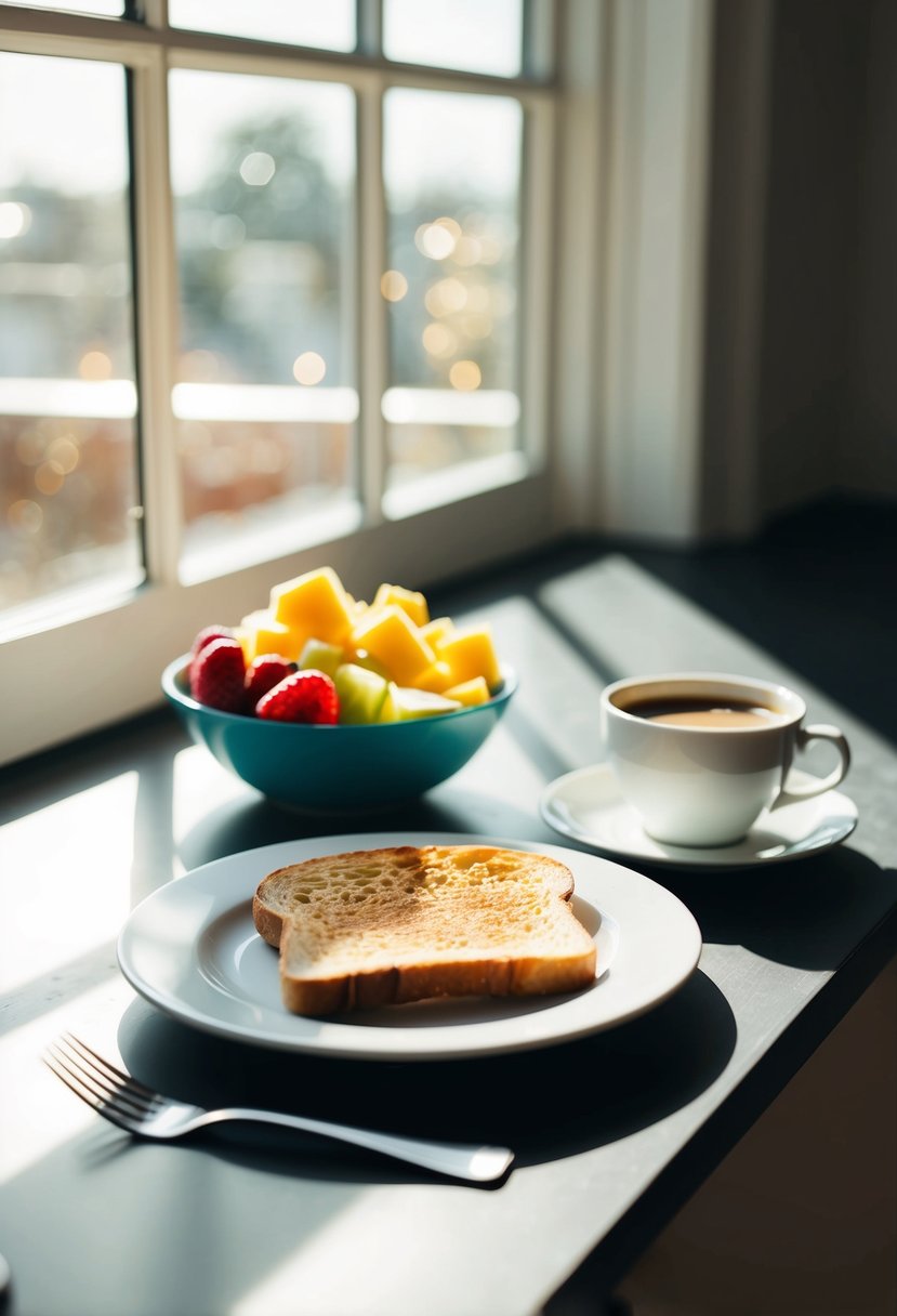 A table set with a bowl of fruit, a plate of toast, and a cup of coffee. Sunlight streams in through the window, casting a warm glow over the scene