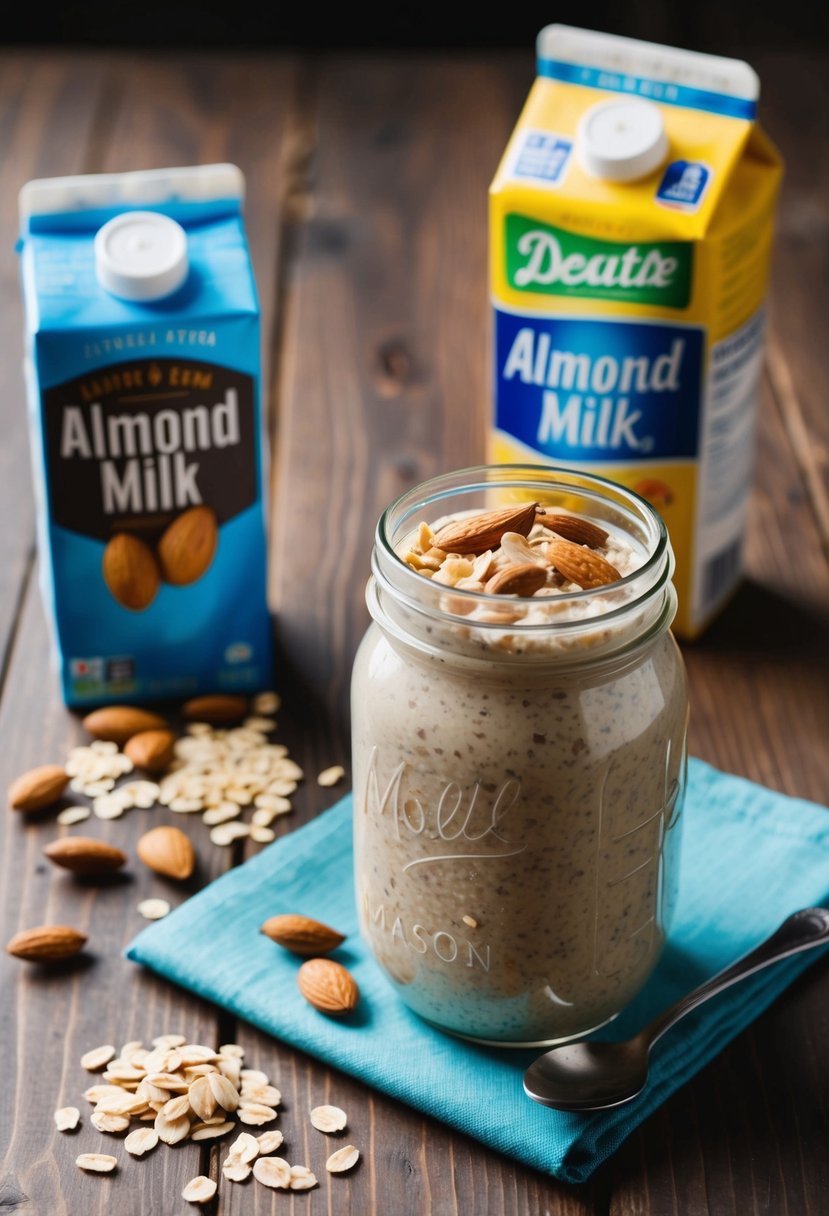 A mason jar filled with overnight oats sits on a wooden table, surrounded by a carton of almond milk and scattered oats and almonds