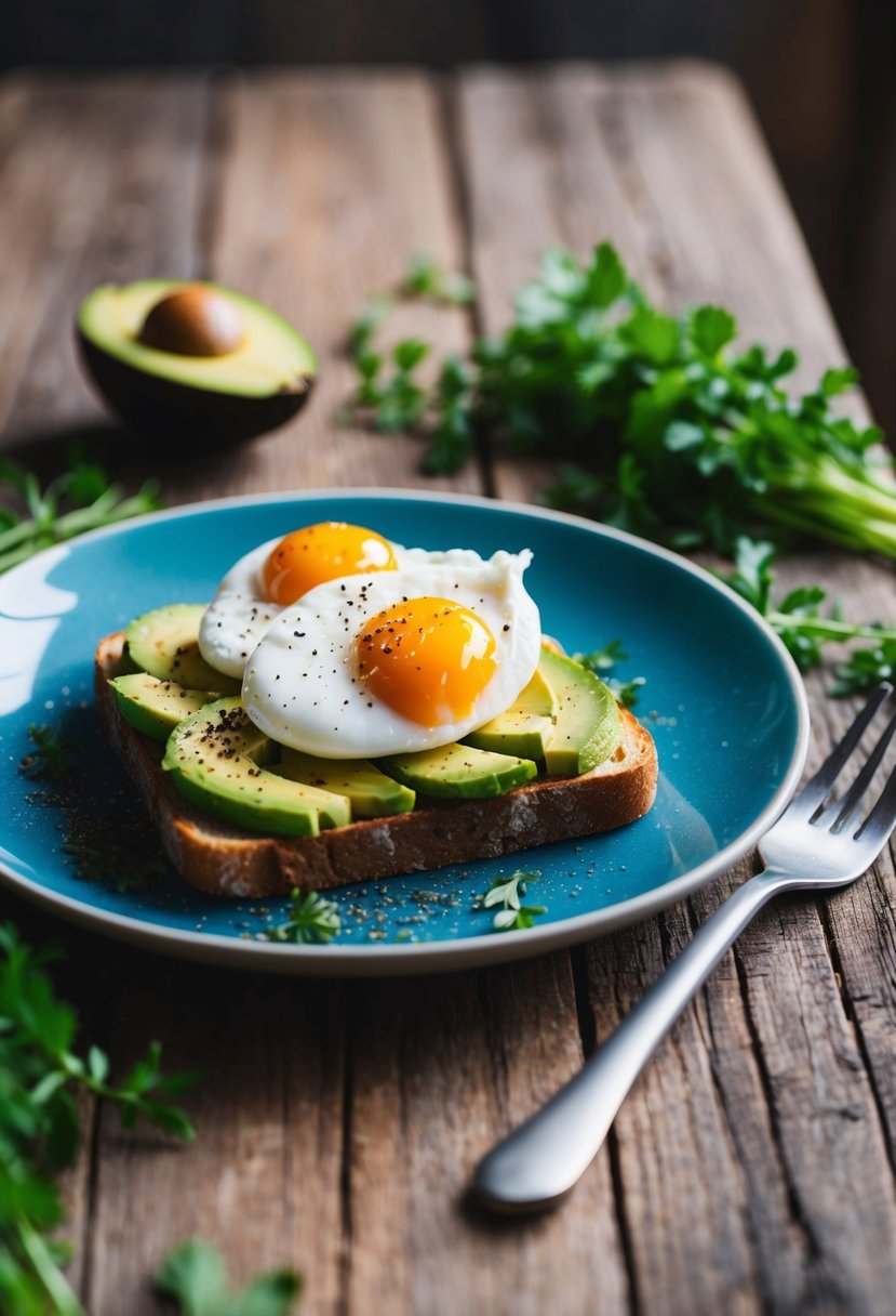 A plate of avocado toast topped with perfectly poached eggs sits on a rustic wooden table, surrounded by a scattering of fresh herbs and a sprinkle of black pepper