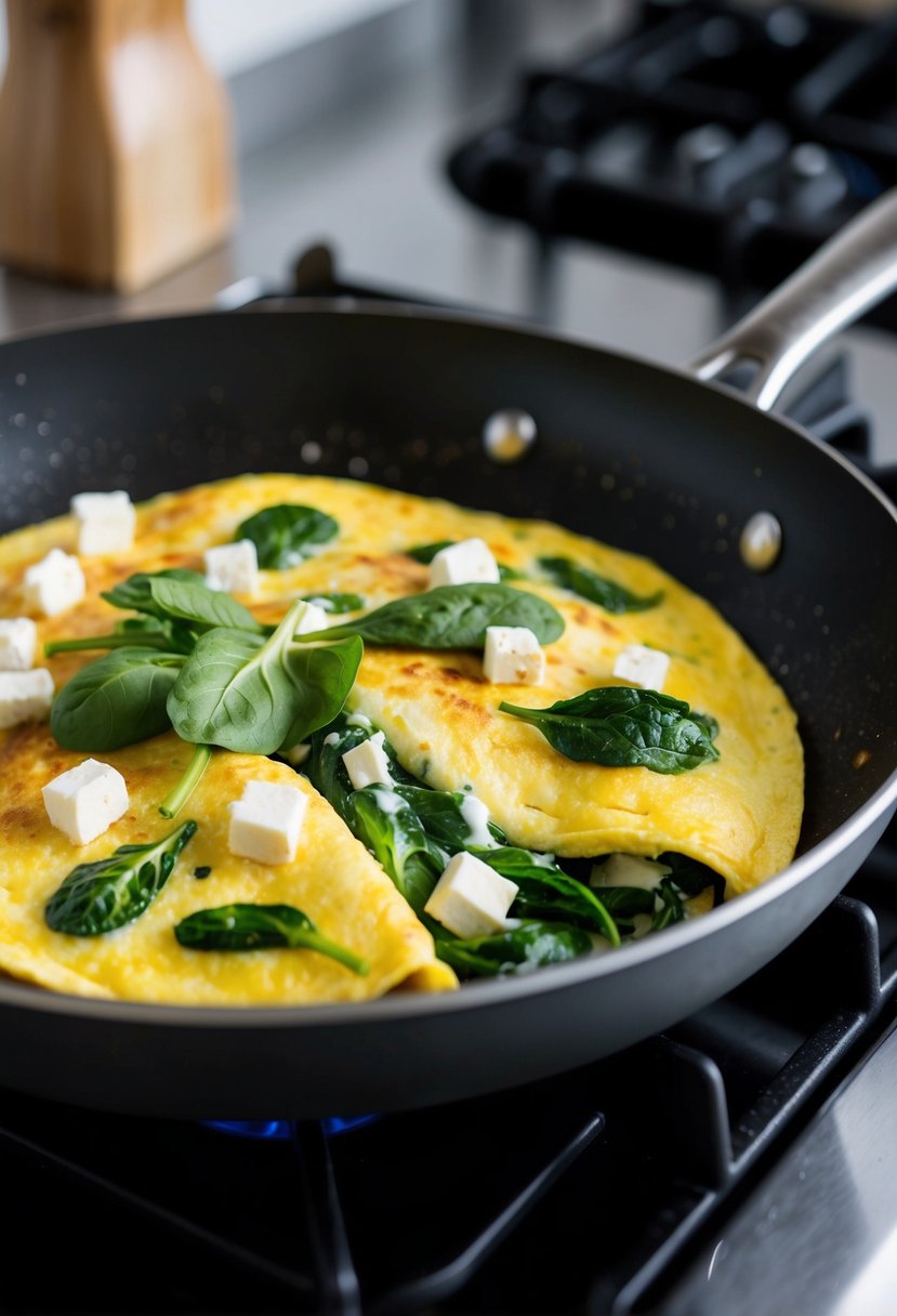 A sizzling omelette filled with green spinach and creamy feta cheese cooking in a non-stick skillet on a stovetop