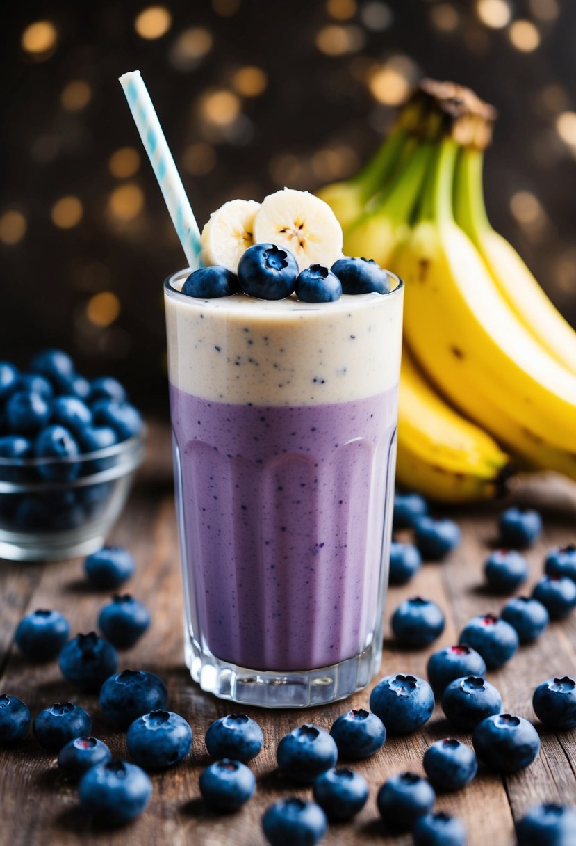 A glass filled with a blueberry banana smoothie, topped with fresh blueberries and a banana slice, surrounded by scattered blueberries and a bunch of ripe bananas