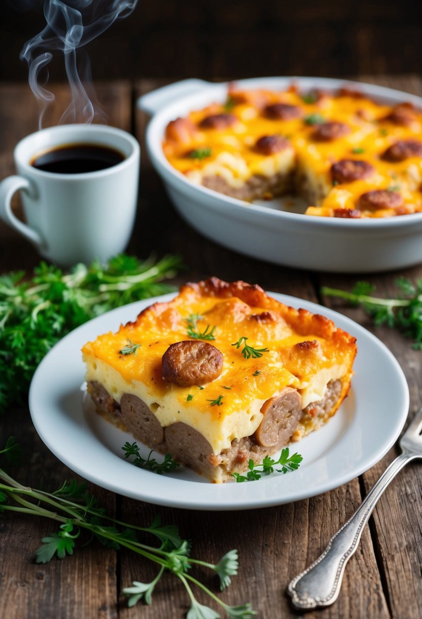 A golden-brown sausage and cheese breakfast casserole sits on a rustic wooden table, surrounded by fresh herbs and a steaming cup of coffee