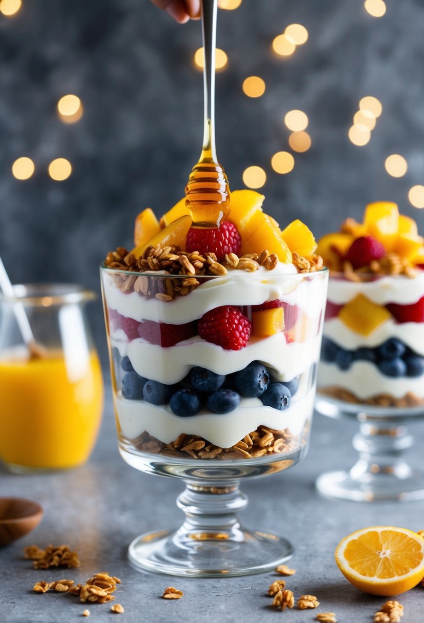 A glass parfait dish filled with layers of creamy yogurt, crunchy granola, and colorful fresh fruit, topped with a drizzle of honey