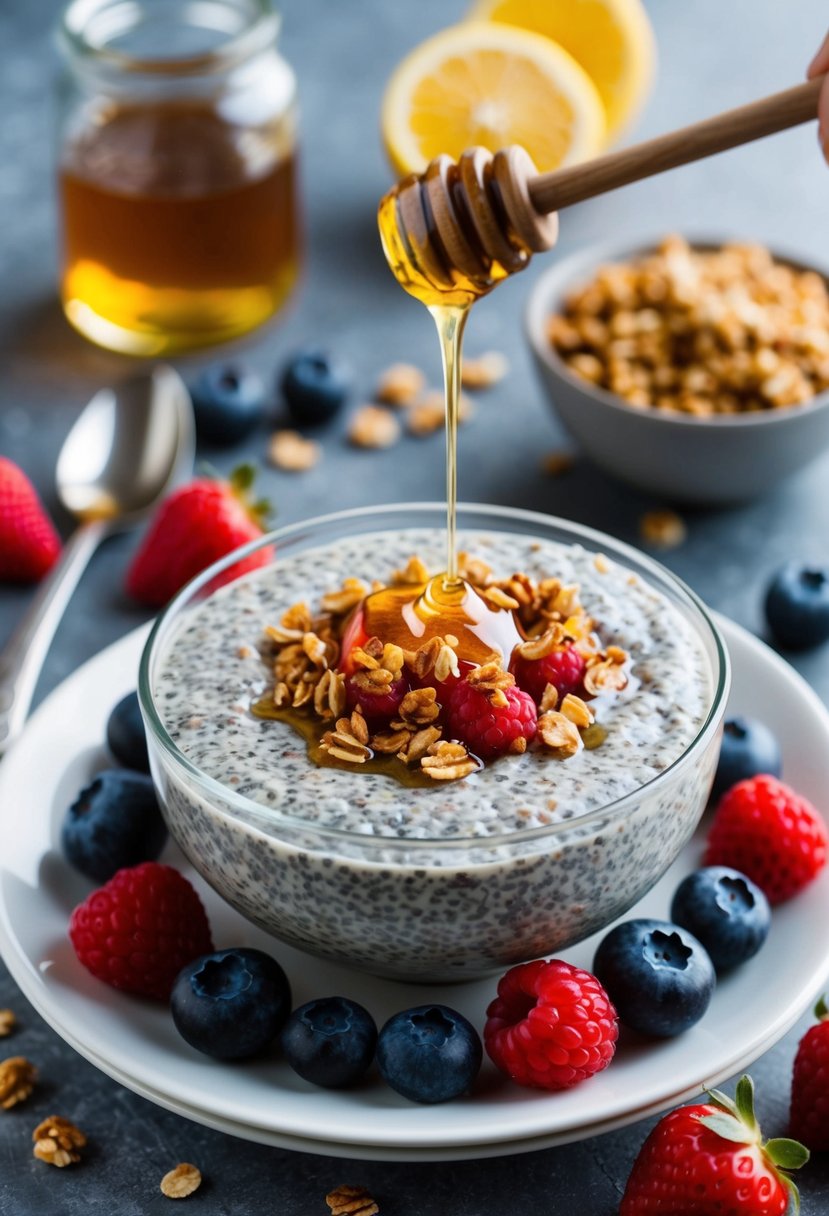 A bowl of chia seed pudding drizzled with honey, surrounded by fresh berries and a sprinkle of granola