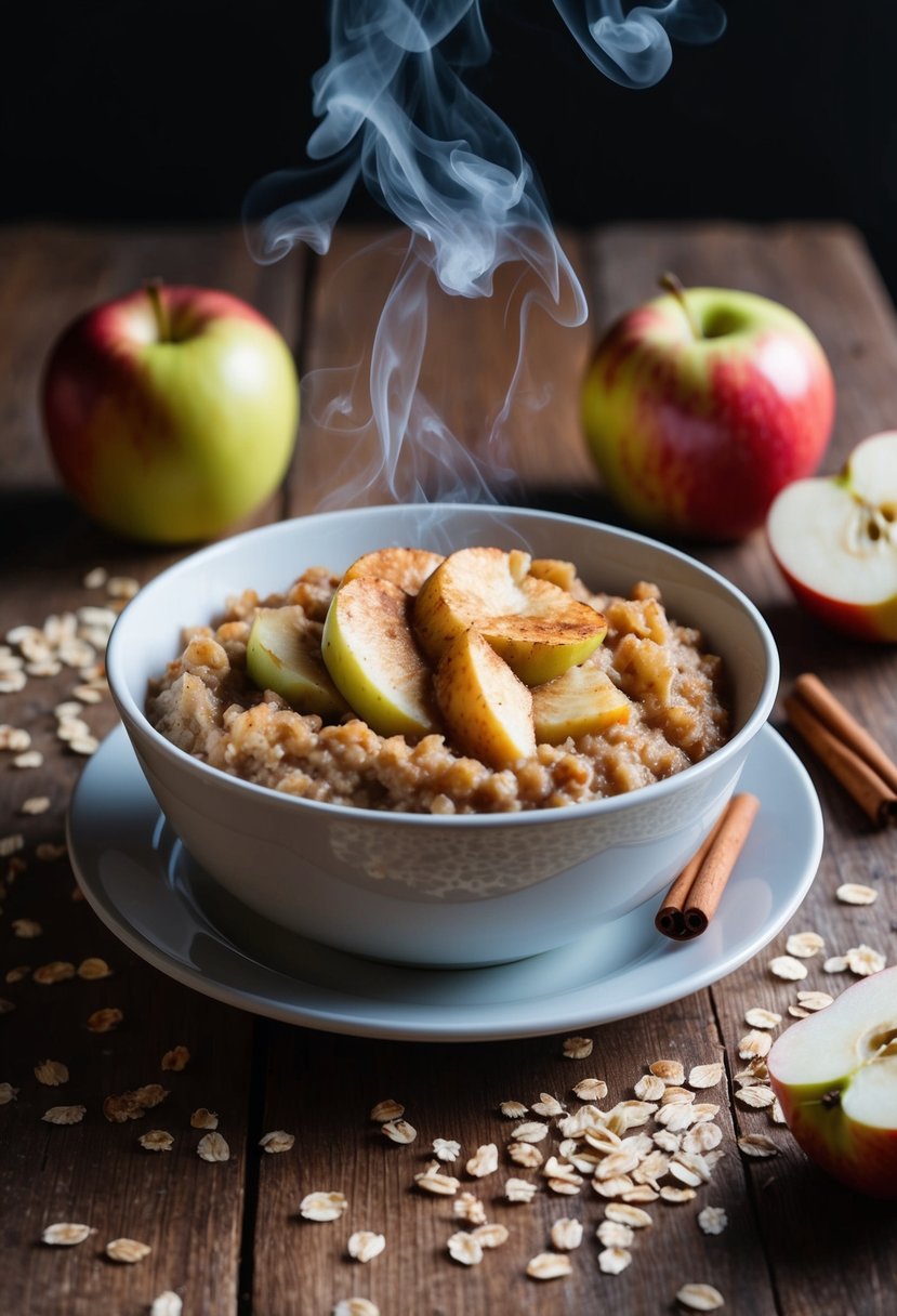 A steaming bowl of baked apple cinnamon oatmeal sits on a wooden table, surrounded by scattered oats, fresh apples, and a cinnamon stick