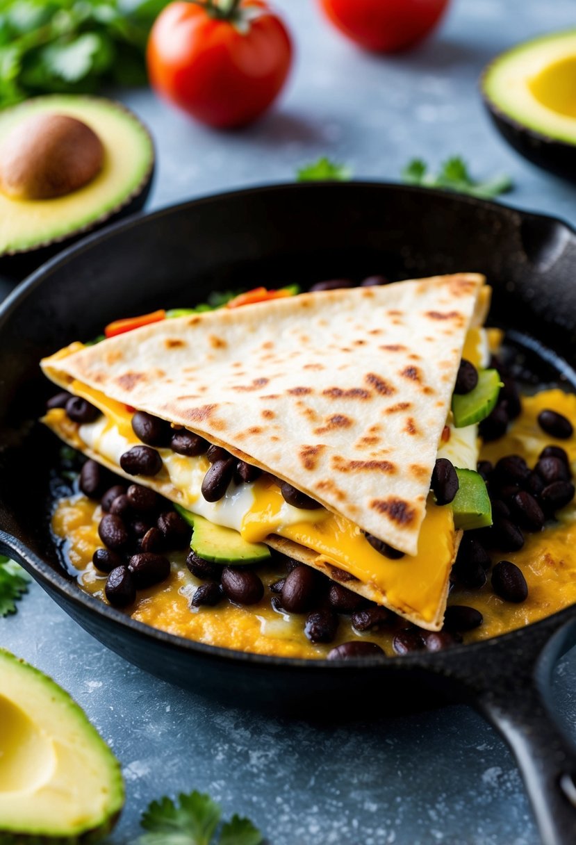 A breakfast quesadilla sizzling on a skillet, filled with black beans, cheese, and eggs, surrounded by colorful fresh ingredients like tomatoes and avocado