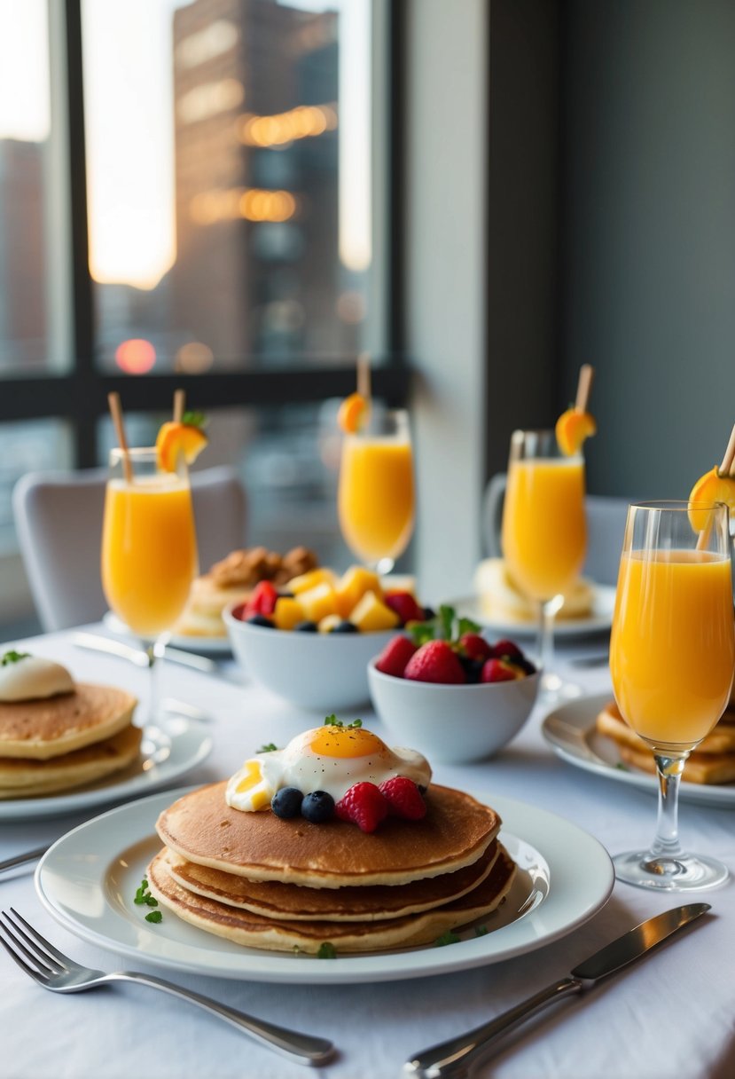 A table set with a variety of brunch dishes, including pancakes, fruit salad, eggs benedict, and mimosas