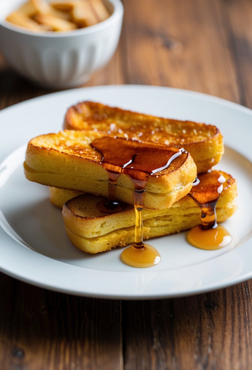 Golden French toast sticks drizzled with maple syrup on a white plate