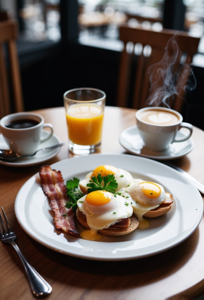 A table set with Eggs Benedict, a side of crispy bacon, and a garnish of fresh parsley on a white plate. A glass of orange juice and a steaming cup of coffee sit nearby