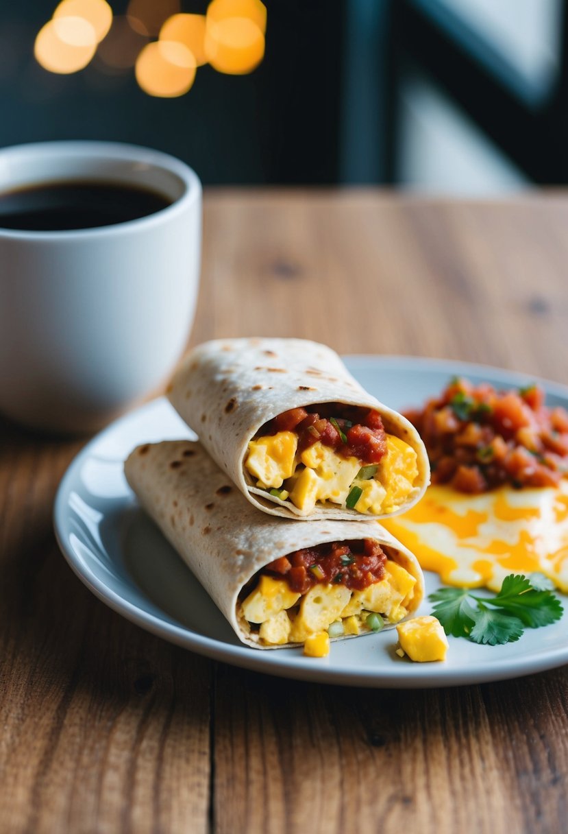 A breakfast burrito with scrambled eggs, cheese, and salsa sits on a plate next to a cup of coffee