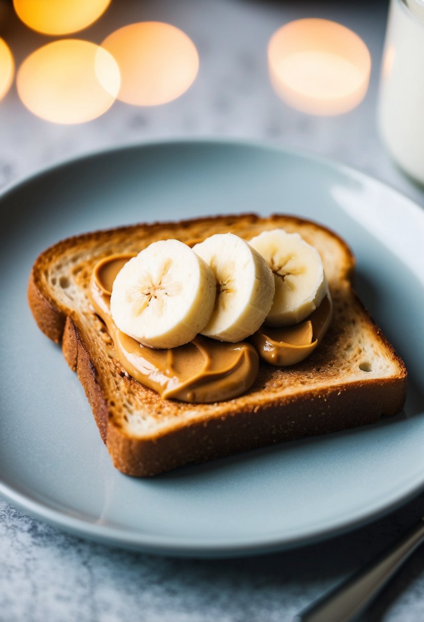 A slice of toast topped with peanut butter and sliced bananas on a plate