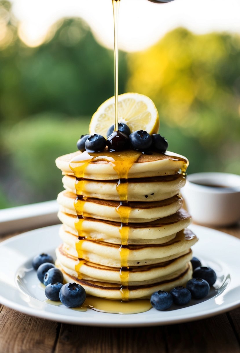 A stack of fluffy blueberry lemon ricotta pancakes on a white plate, drizzled with syrup and topped with fresh blueberries and a slice of lemon