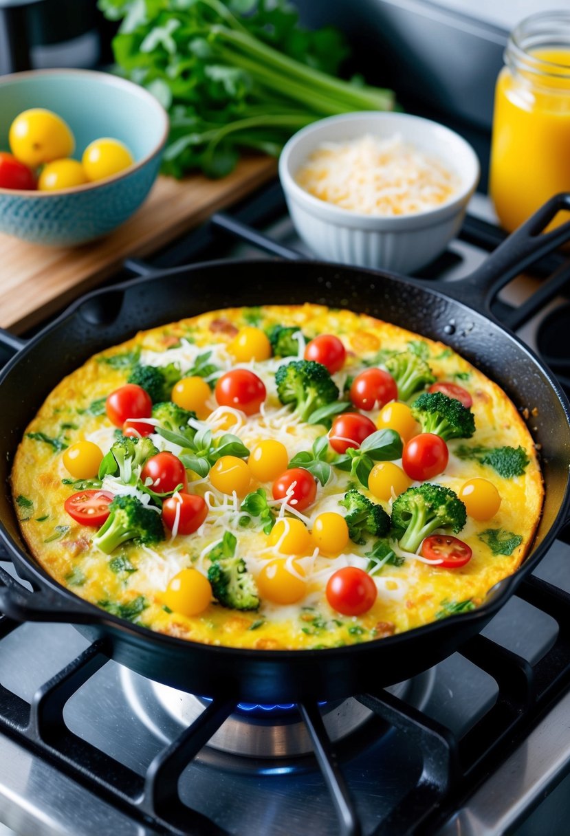 A colorful array of fresh vegetables and cheese mixed into a sizzling frittata in a cast iron skillet on a stovetop