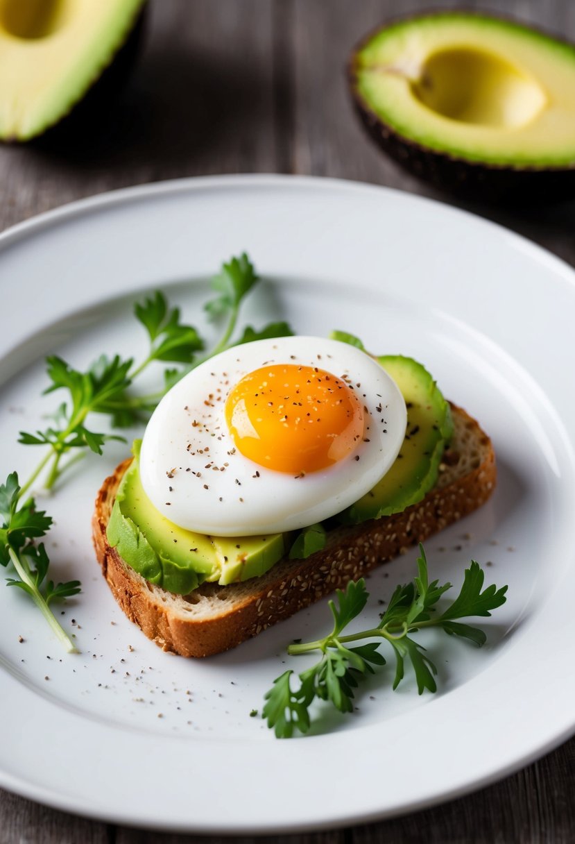 A plate with avocado toast topped with a perfectly poached egg, surrounded by fresh herbs and a sprinkle of black pepper