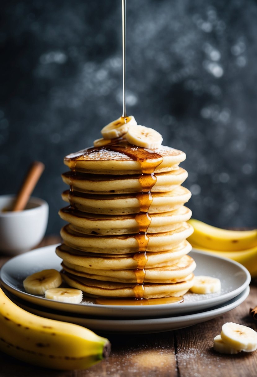 A stack of golden banana pancakes topped with a sprinkle of cinnamon, surrounded by fresh bananas and a drizzle of syrup