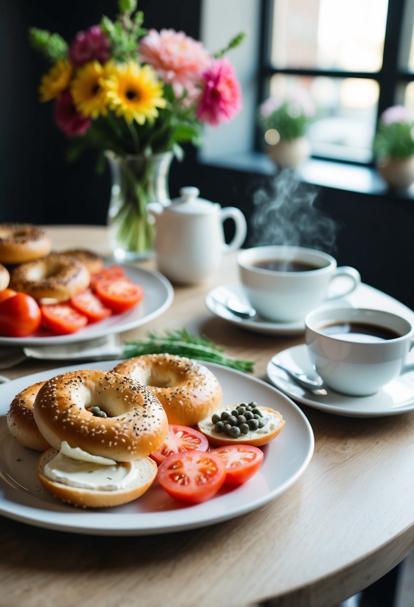 A table set with a variety of brunch items including smoked salmon bagels, cream cheese, capers, and sliced tomatoes, with a pot of coffee and a vase of flowers in the background