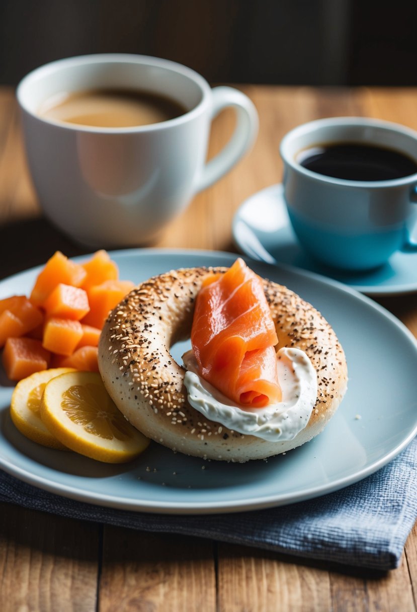 A bagel topped with smoked salmon and cream cheese on a plate, with a side of fresh fruit and a cup of coffee