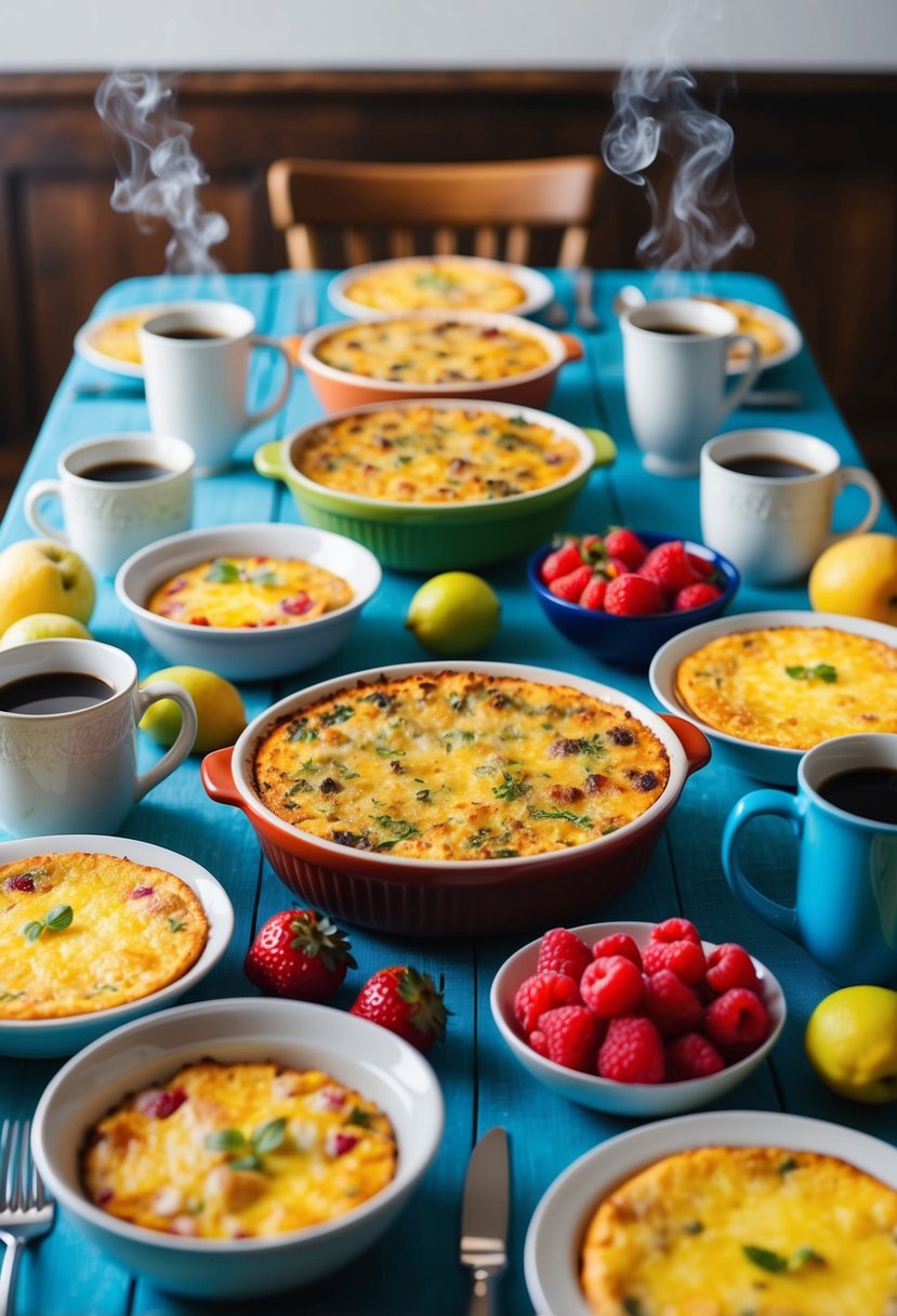 A table set with a colorful array of breakfast casserole dishes, surrounded by fresh fruit and steaming coffee mugs