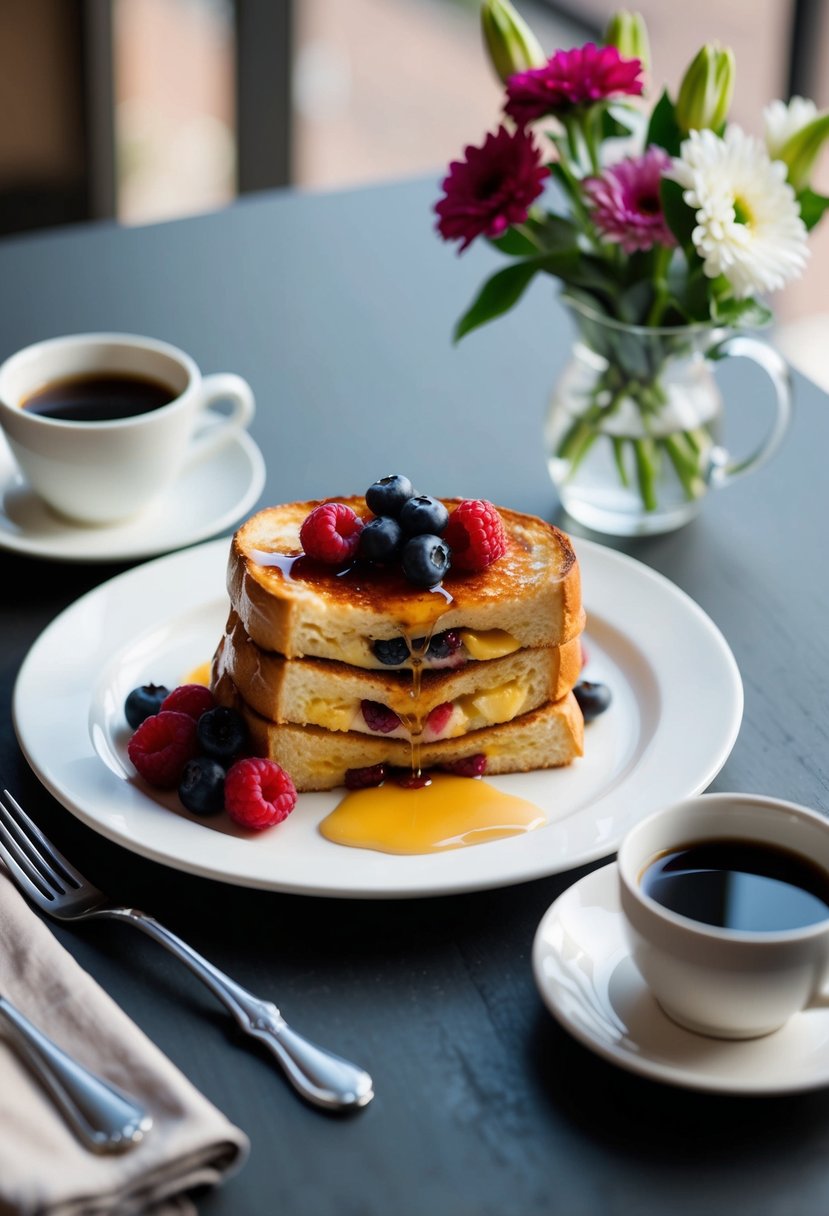 A table set with a plate of stuffed French toast, topped with fresh berries and a drizzle of syrup, surrounded by a cup of coffee and a vase of flowers