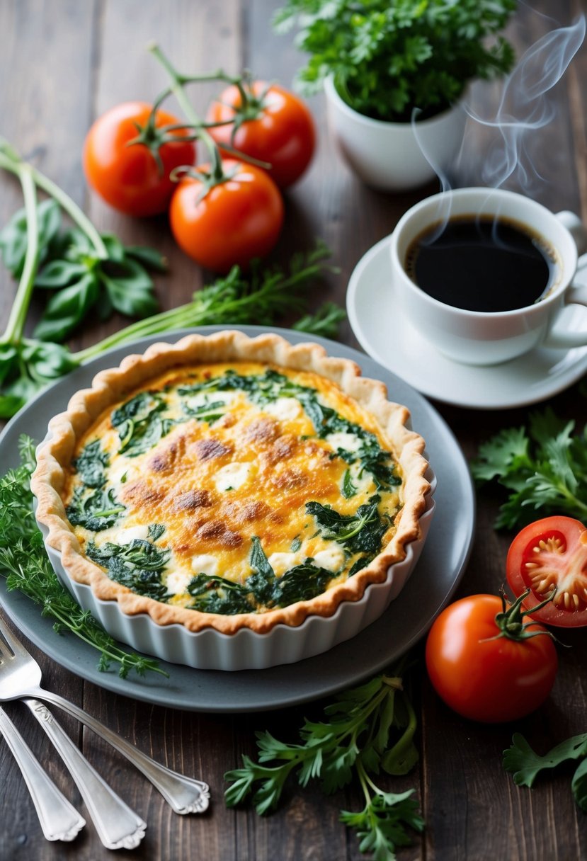 A table set with a golden-brown spinach and feta quiche, surrounded by fresh herbs, tomatoes, and a steaming cup of coffee