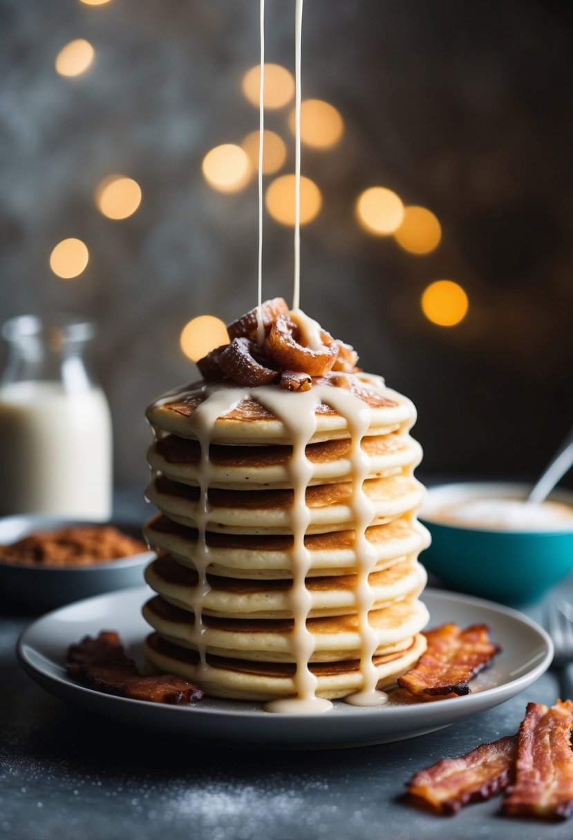 A stack of fluffy pancakes topped with swirls of cinnamon and sugar, drizzled with icing and served with a side of sizzling bacon