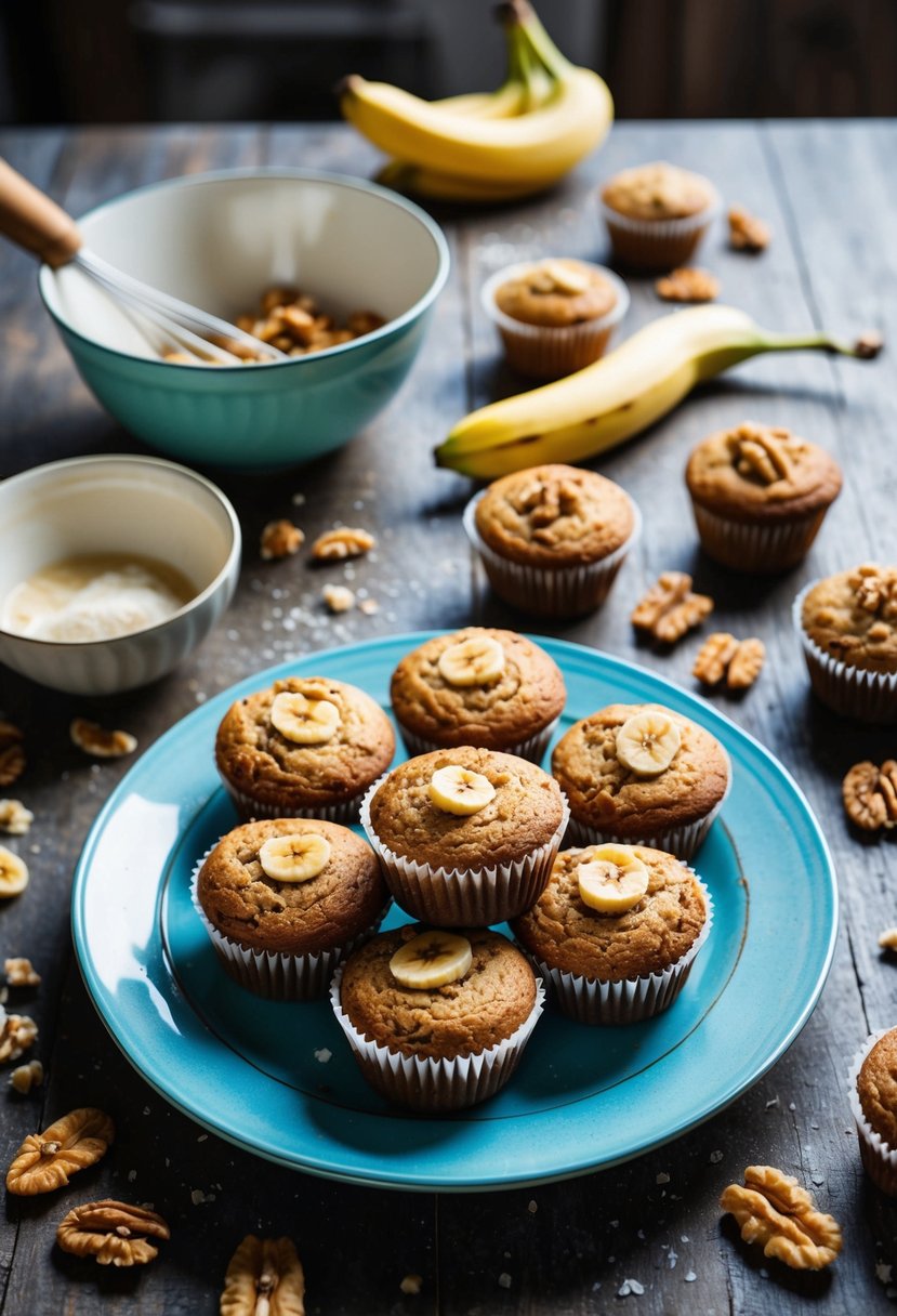 A rustic kitchen table set with a plate of freshly baked banana walnut muffins, surrounded by scattered ingredients and a vintage mixing bowl