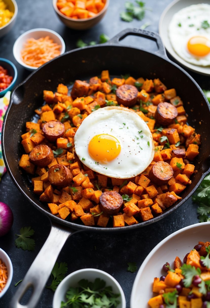 A sizzling skillet of sweet potato hash and chorizo, topped with a perfectly fried egg, surrounded by colorful brunch ingredients