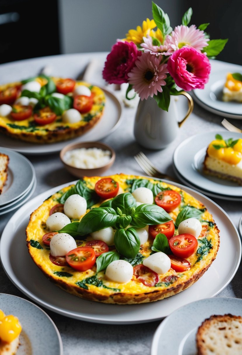 A table set with a colorful Caprese frittata, fresh basil, juicy tomatoes, and mozzarella, surrounded by brunch dishes and a vase of flowers