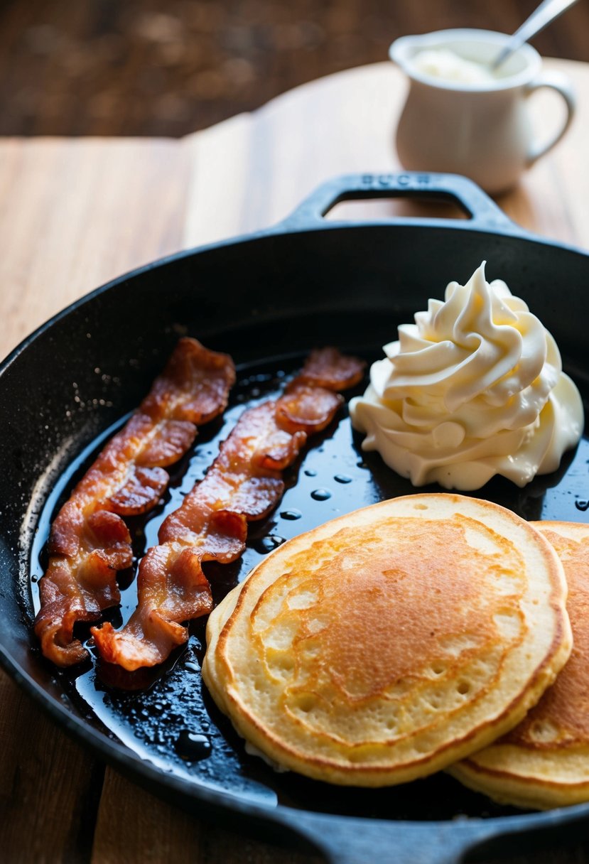 A sizzling skillet holds crispy bacon strips coated in a glossy maple glaze, accompanied by golden brown pancakes and a dollop of whipped cream