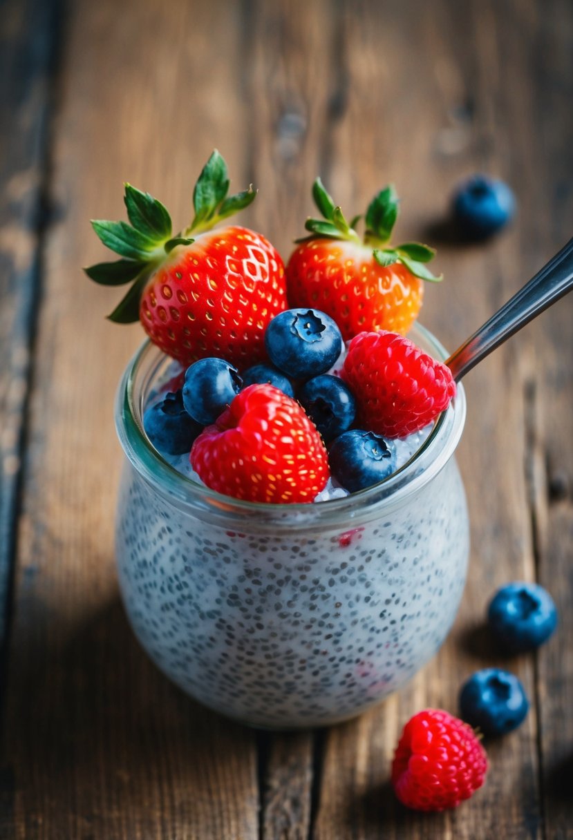 A glass jar of chia seed pudding topped with fresh strawberries, blueberries, and raspberries on a rustic wooden table