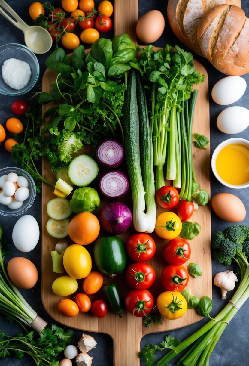 A colorful array of fresh vegetables arranged on a wooden cutting board, surrounded by eggs, bread, and various kitchen utensils