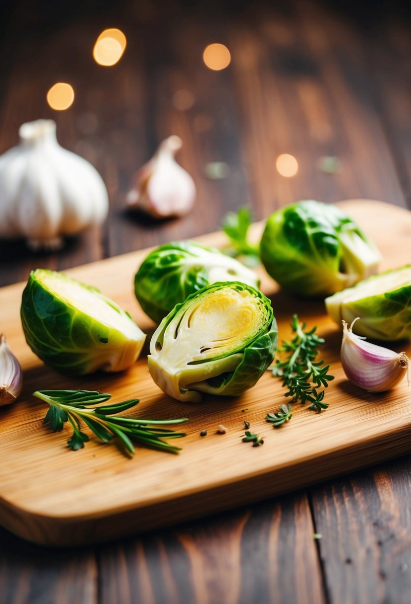 A cutting board with halved brussel sprouts, garlic, and herbs