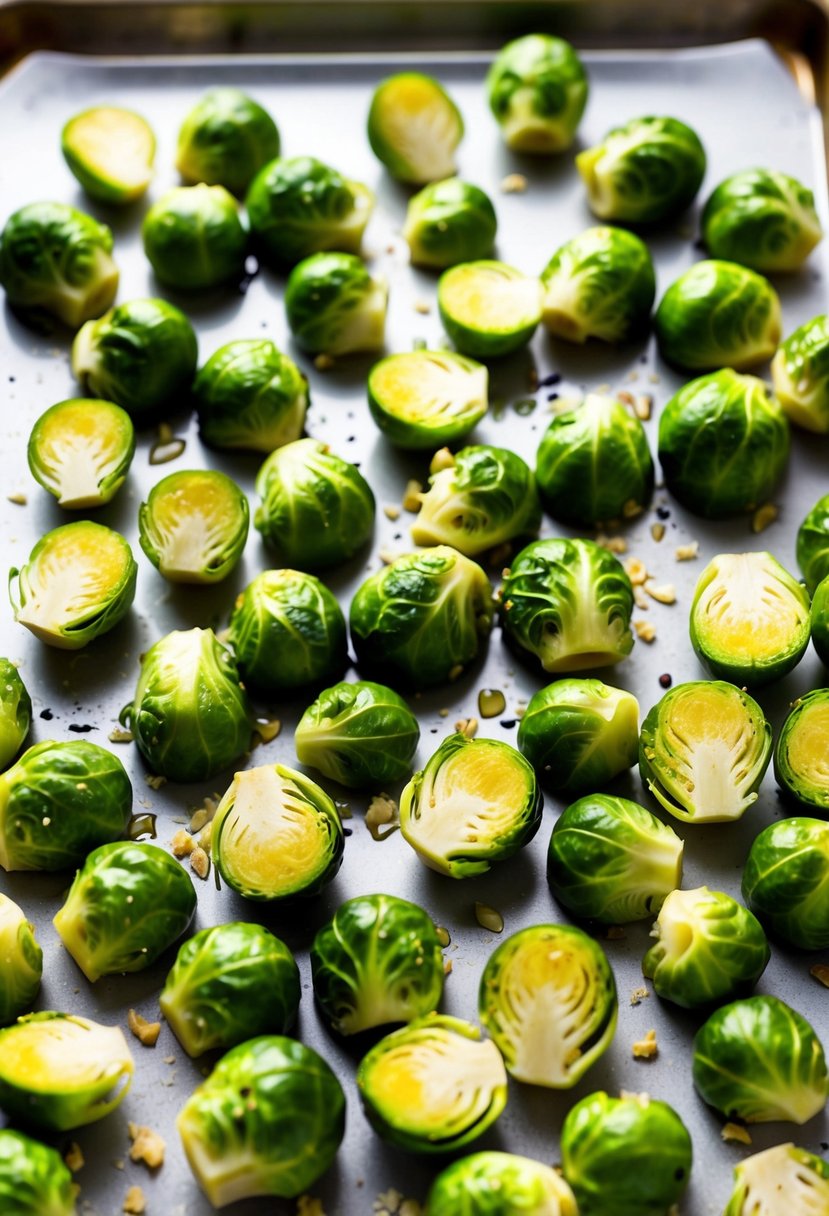 Fresh Brussels sprouts arranged on a baking sheet, drizzled with olive oil and sprinkled with minced garlic, ready for roasting