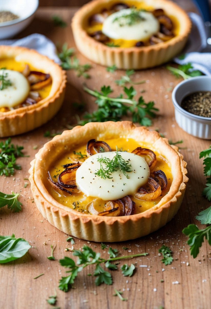 A golden-brown tart with caramelized onions and melted Gruyère cheese, surrounded by fresh herbs and a scattering of cracked black pepper