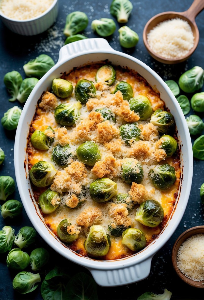 A bubbling casserole dish filled with cheesy Brussels sprouts, topped with crispy breadcrumbs and surrounded by fresh sprouts and a sprinkle of Parmesan cheese