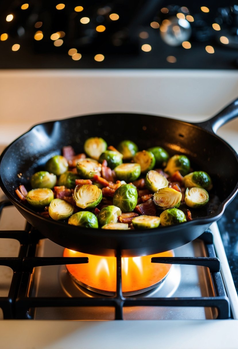 A sizzling skillet of maple bacon brussels sprouts cooking over a stovetop flame