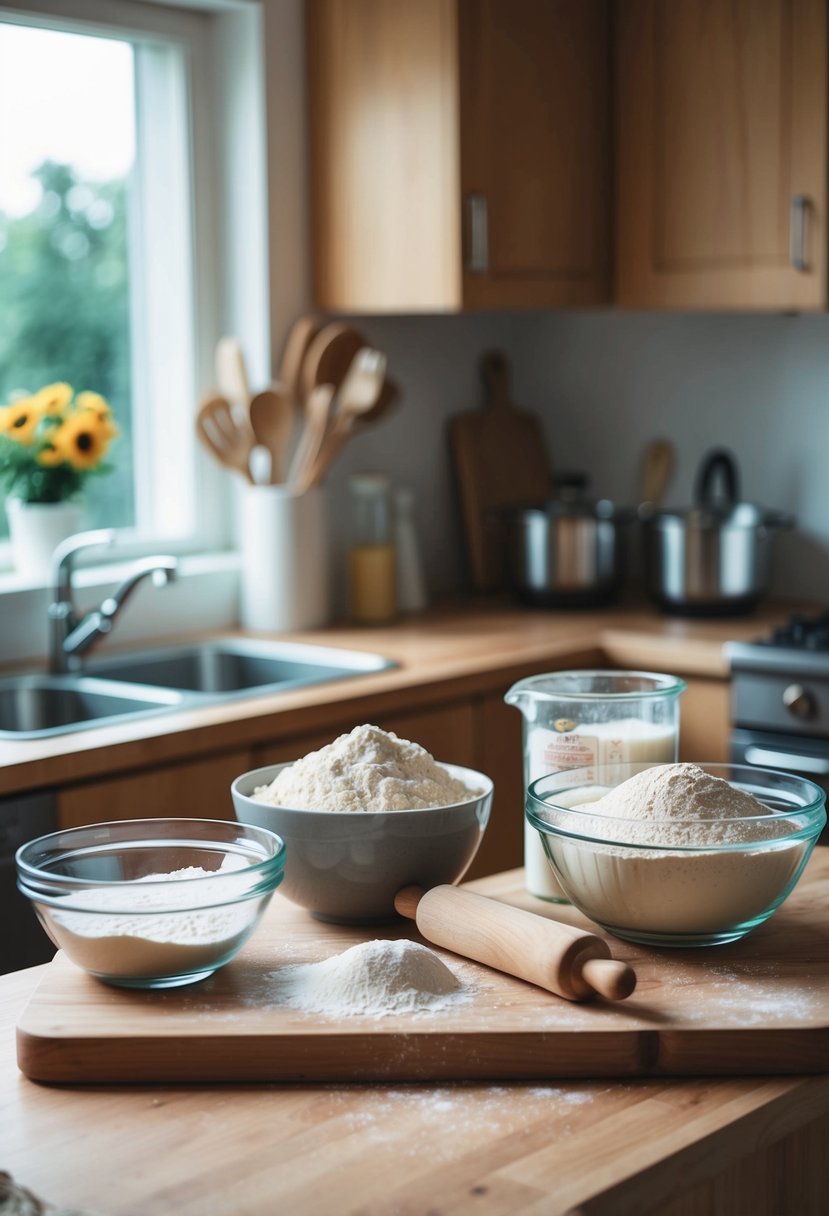 A wooden kitchen counter with ingredients and utensils for making bread, including flour, yeast, a mixing bowl, and a rolling pin