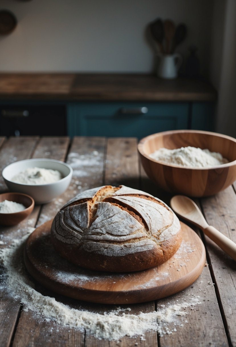 A rustic kitchen table with a freshly baked loaf of no-knead bread, surrounded by scattered flour and a wooden mixing bowl