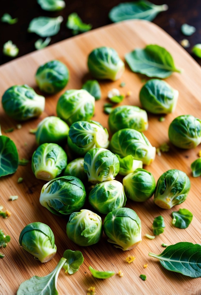 Brussels sprouts scattered on a wooden cutting board, some whole and some smashed, surrounded by scattered leaves and a few loose stems