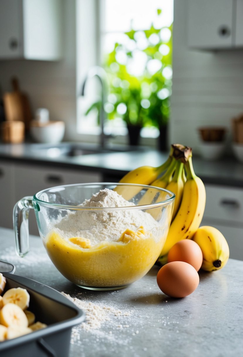 A mixing bowl with mashed bananas, flour, eggs, and a loaf pan on a kitchen counter