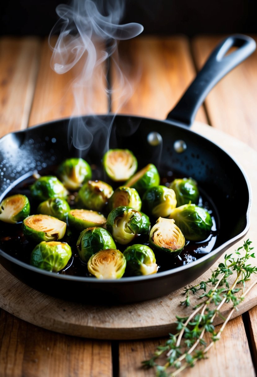 A skillet with sizzling brussels sprouts coated in a glossy balsamic glaze, steam rising. A sprig of fresh thyme rests nearby