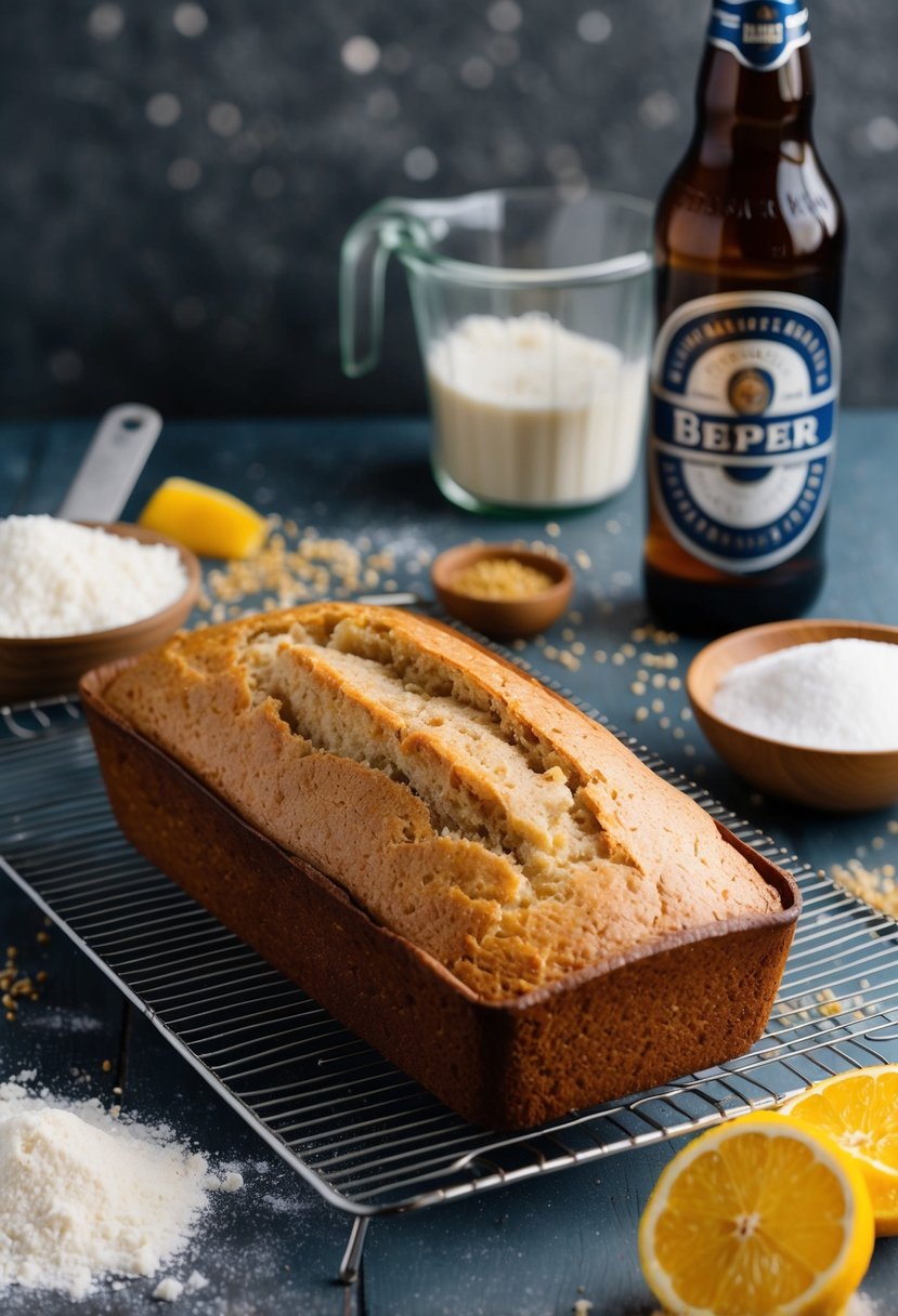 A loaf of beer bread cooling on a wire rack, surrounded by scattered ingredients like flour, sugar, and a bottle of beer