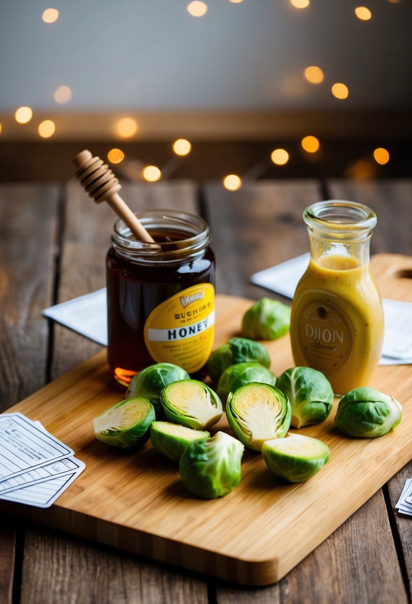 A wooden cutting board with halved Brussels sprouts, a jar of honey, and a bottle of Dijon mustard, surrounded by scattered recipe cards