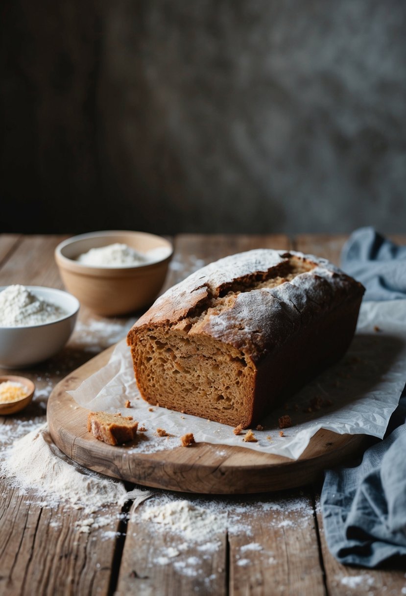 A rustic kitchen table with a freshly baked loaf of soda bread, a mixing bowl, flour, and a few simple ingredients scattered around