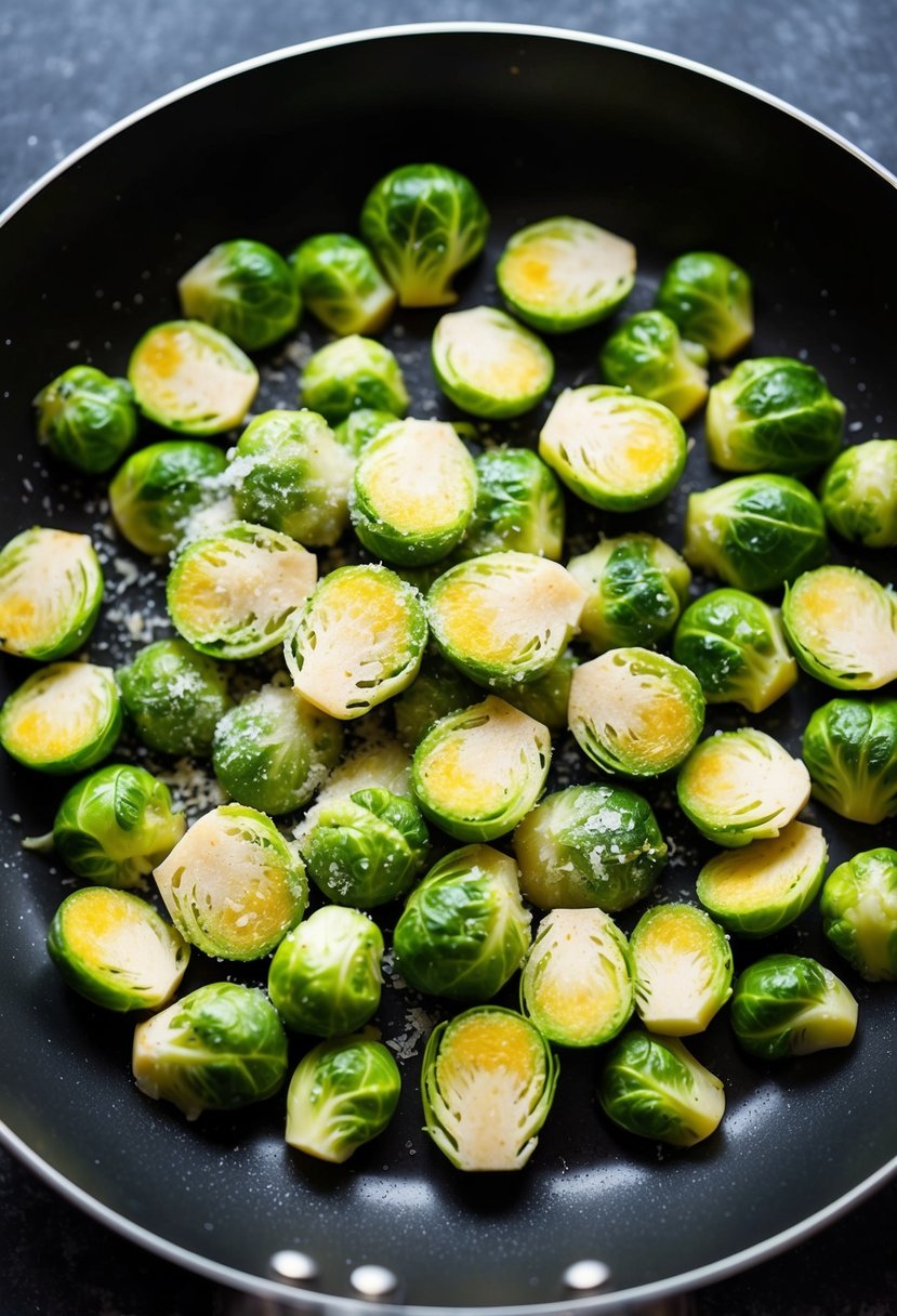 A pan of sizzling Brussels sprouts topped with grated Parmesan cheese